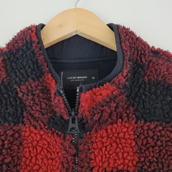 Lucky Brand Mens Sz XL Red Black Plaid Sherpa Jacket Full Zip Work Chores Barn - Picture 6 of 13